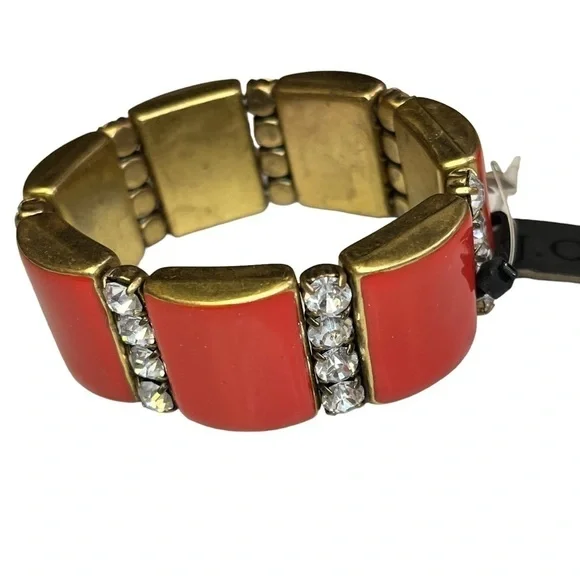 J Crew Red Square Gold-Tone Bracelet Rhinestone Diamonds New Elastic - Picture 1 of 7